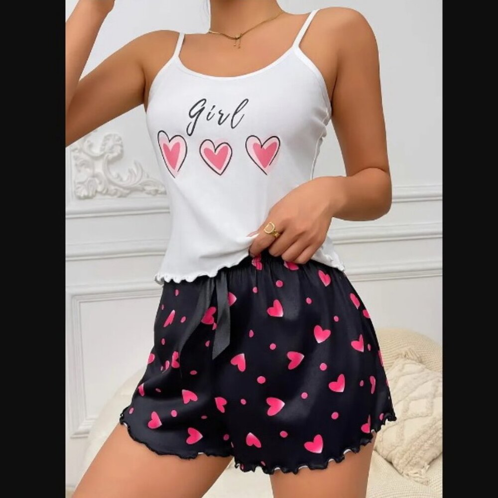 Romantic Heart & Letter Print Satin Pajama Set - Backless Cami Top & Shorts Sz M
